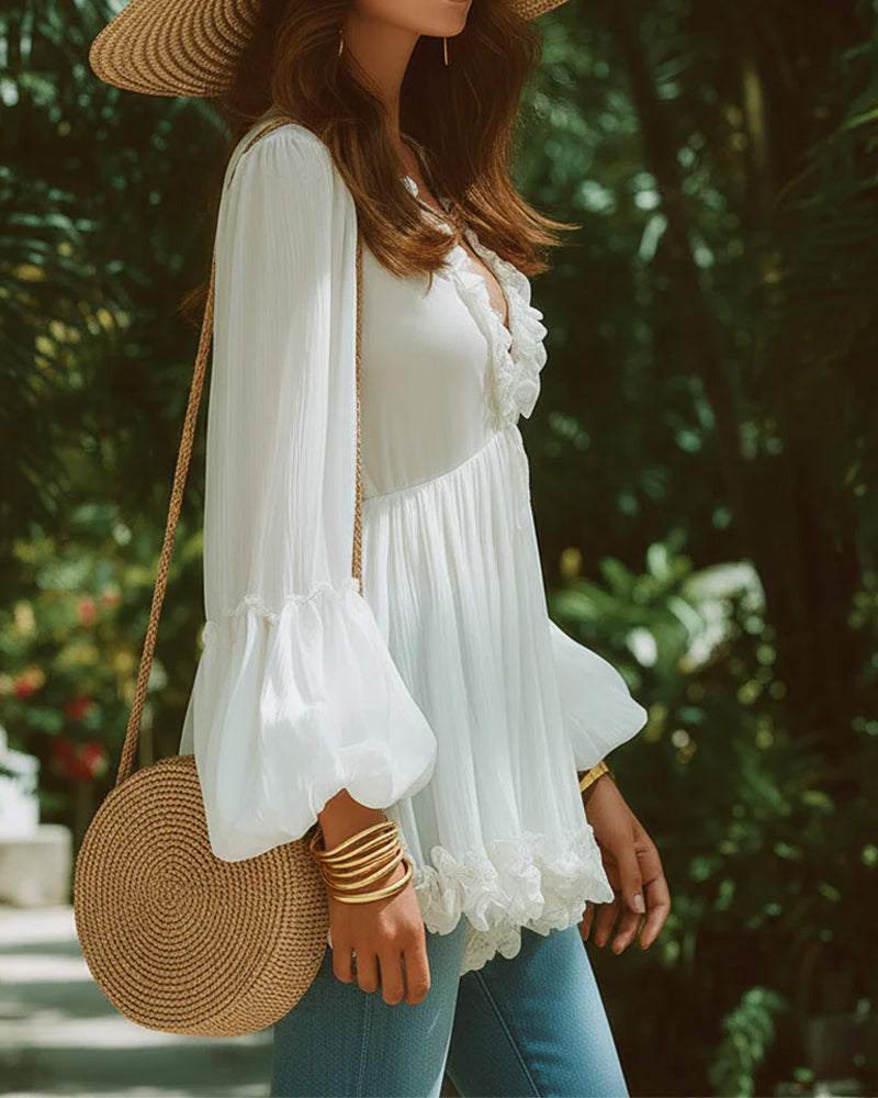 Blus Fransk Puff Ärm Spets