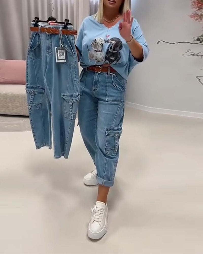 Jeans Hög Midja Cargo Stil