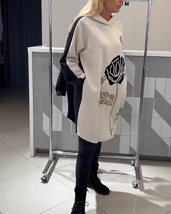 Klänning Med Huva Färgblock Blomtryck