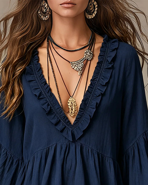 Blus V-Hals Scallop Ruffle Kant