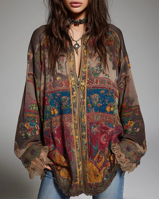 Blus Spetsinslag Blomtryck