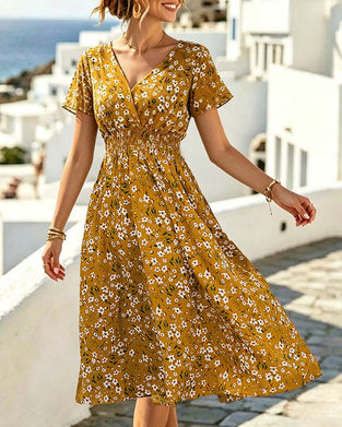 Klänning V-Ringning Snörd Midja Blommigt Print Midi