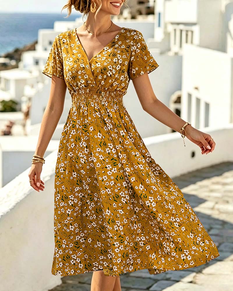 Klänning V-Ringning Snörd Midja Blommigt Print Midi