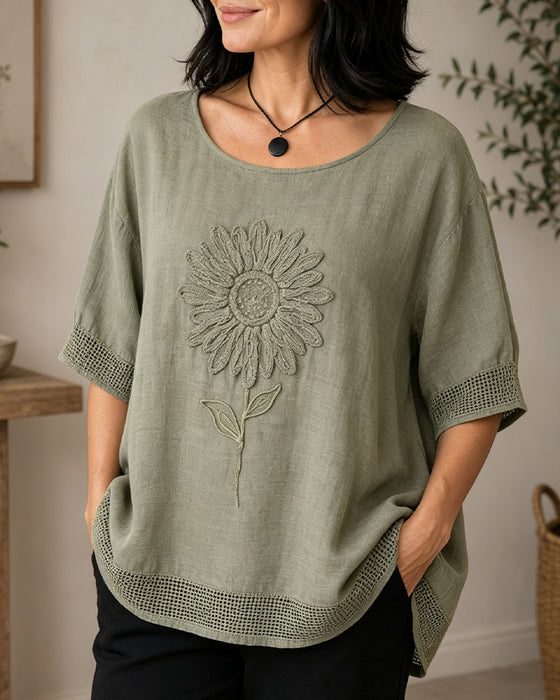 Blus Solros Broderad Lös