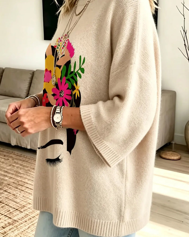 Loose Fit Ansikte Blommigt Print Pullover