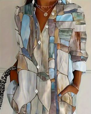 Blus Konstnärligt Stenmönster Långärmad