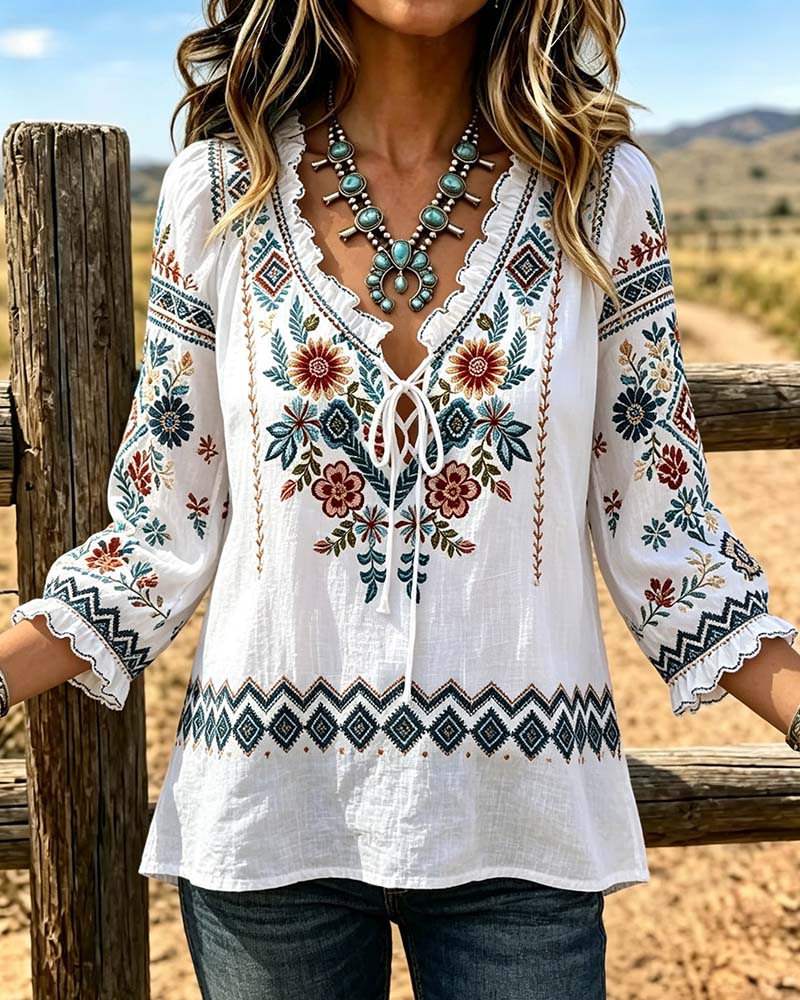 Blus V-Hals Bohemisk Ruffle