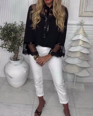 Blus Enfärgad Patchwork Långärmad