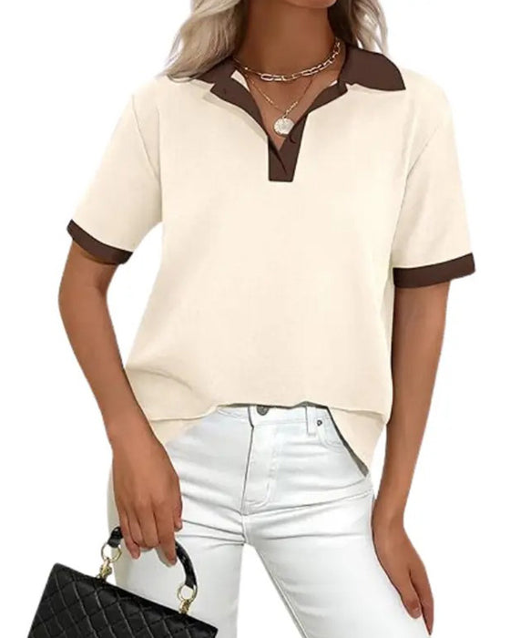T-Shirt Polo Krage Färgblock Kortärmad