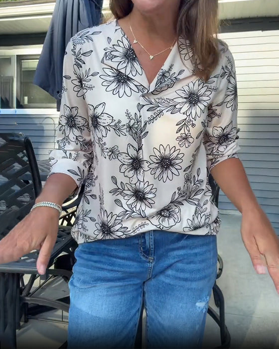 Blus Bläck Tvätt Blommig Tretrekvart Slag