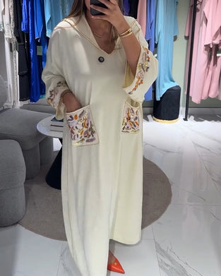 Klänning Med Huva Broderad Löst Sittande Dubbla Fickor