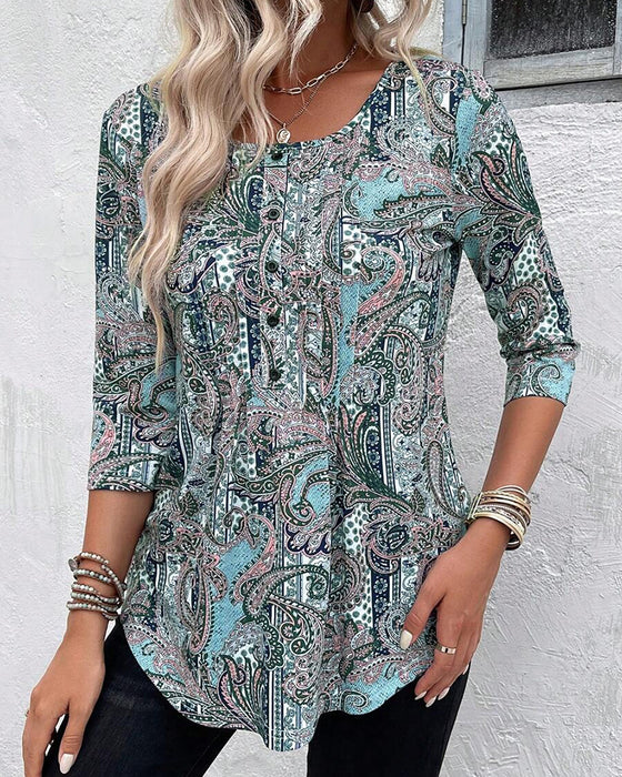 Blus Trekvartsärm Vintage Tryck