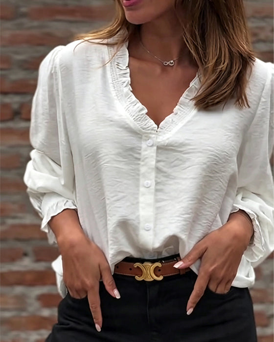 Blus V-Hals Knapp Fram Ruffle Puffärm