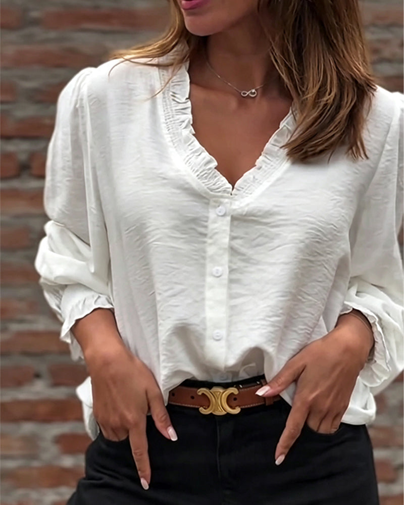 Blus V-Hals Knapp Fram Ruffle Puffärm