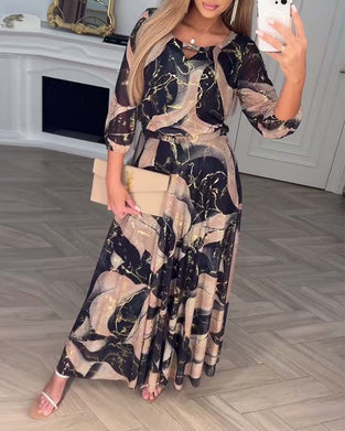 Klänning Elegant Trekvartsärm Tryckt Midja