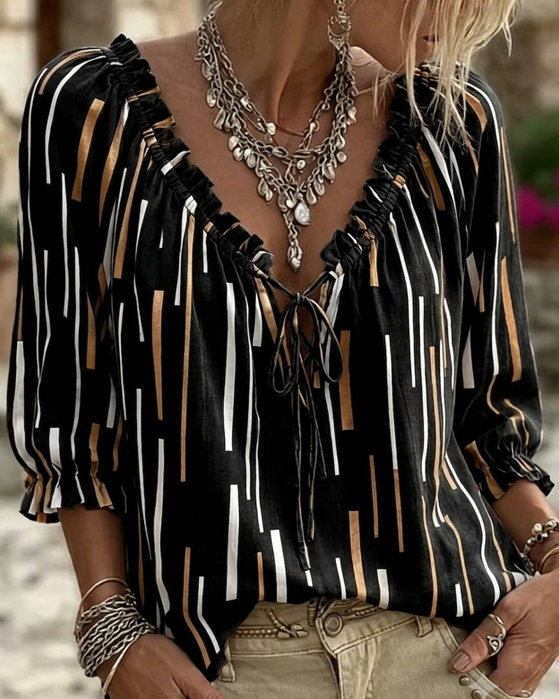 Blus V-Hals Ruffle Trim Rand