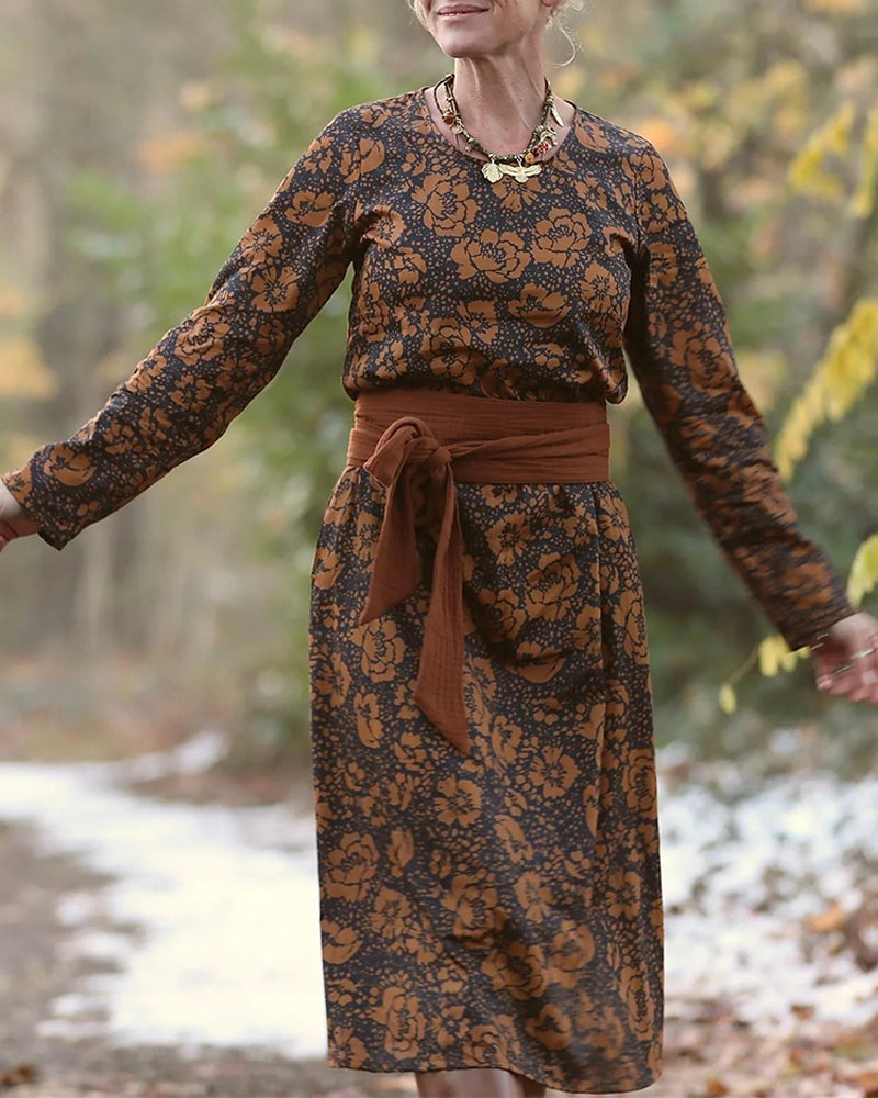 Klänning Blommigt Mönster Rund Hals Lös Passform