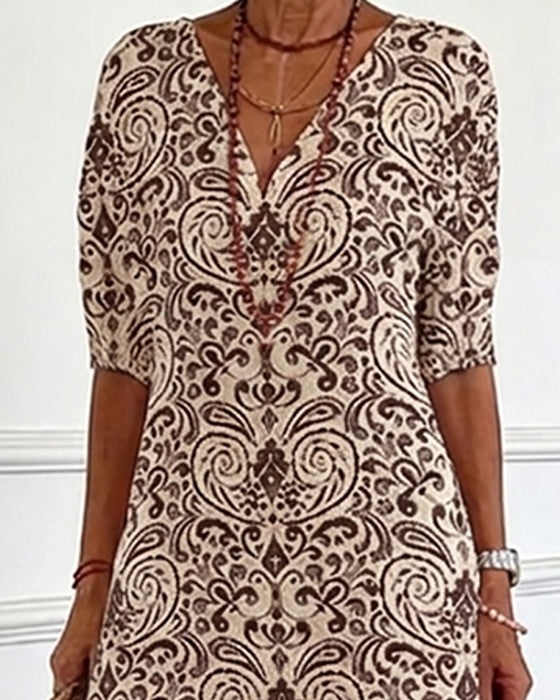 Klänning Vintage Blommönster V-Hals Maxi