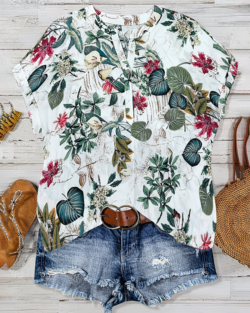 Blus V-Ringning Botaniskt Print Casual