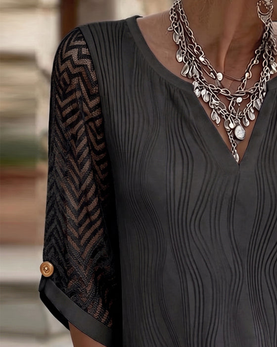Blus V-Neck Spets Panel Solid Linje