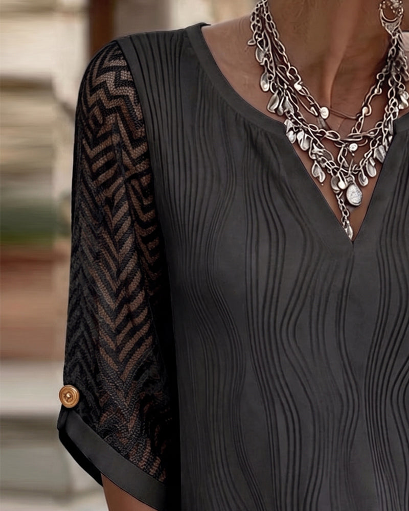 Blus V-Neck Spets Panel Solid Linje