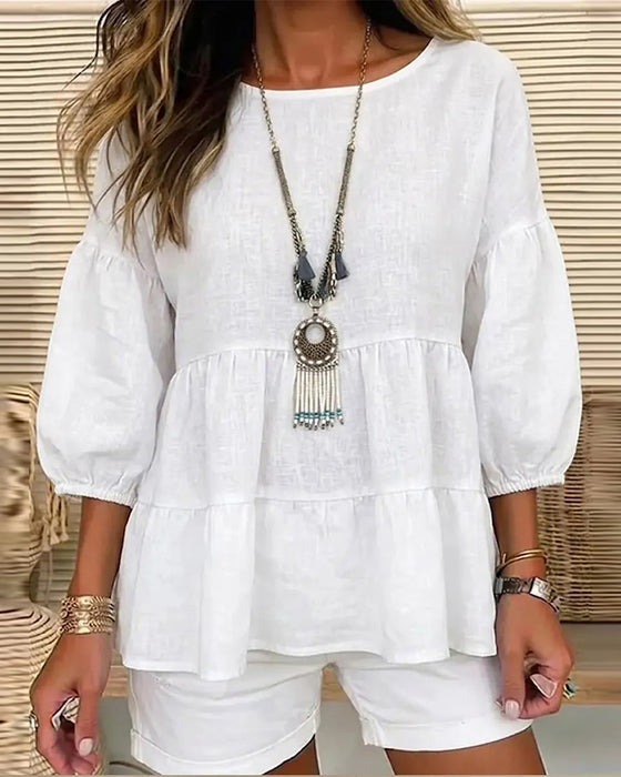 Blouse Rund Hals Baby Doll Lykta Mellan Ärm