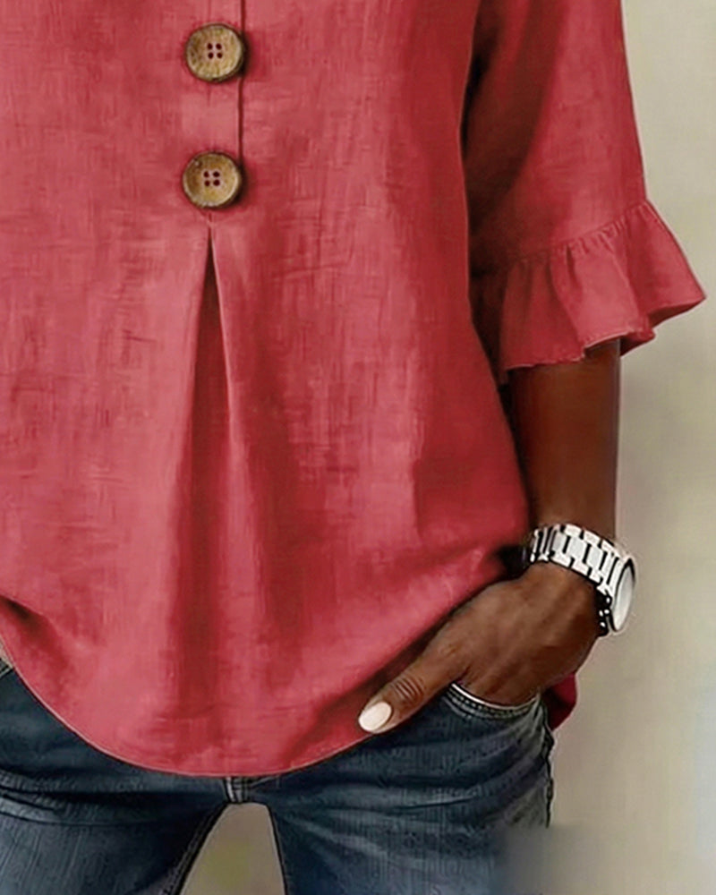 Blusar Enfärgad Bomullslinne Träknappar Rynkningar