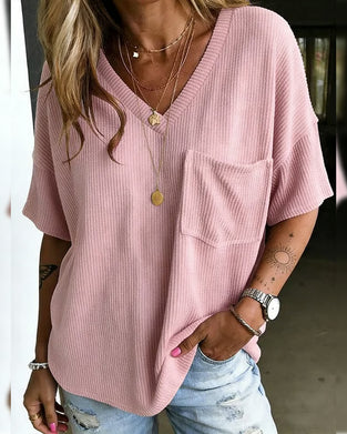 T-Shirt Ribbad V-Hals Ficka Kort Ärm