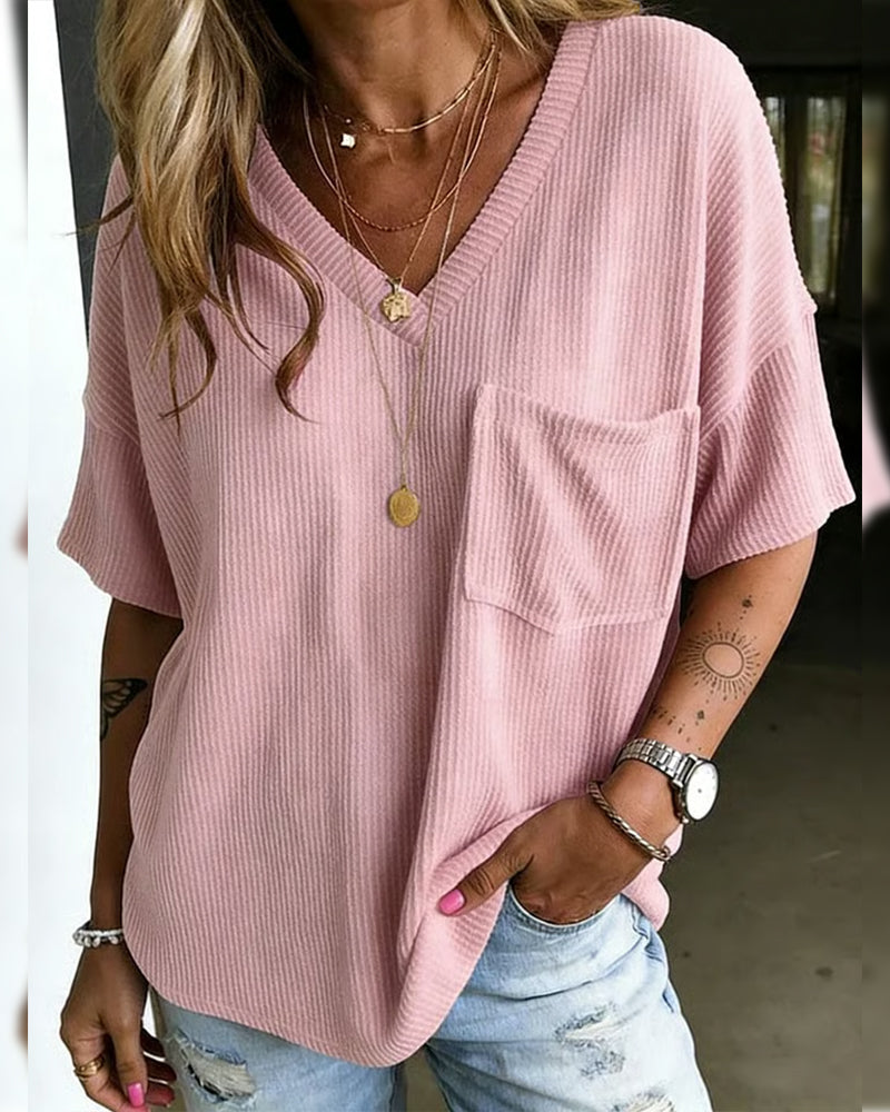 T-Shirt Ribbad V-Hals Ficka Kort Ärm