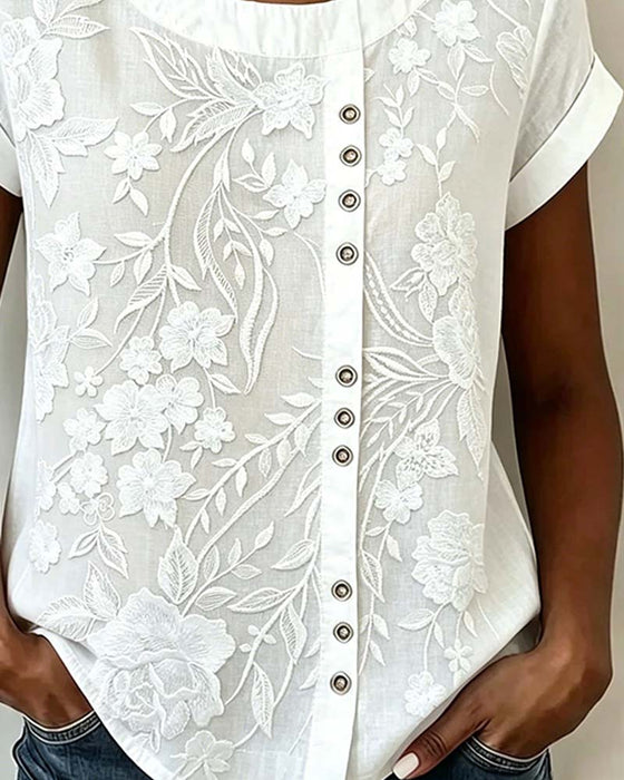 Blus Blommig Knapp Rundhalsad Kortärmad