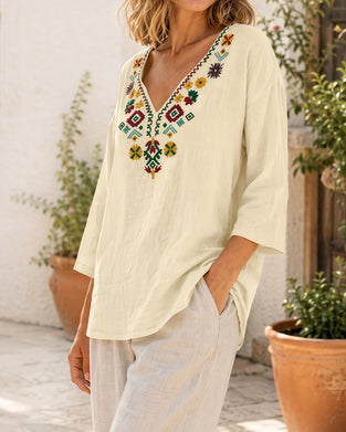 Blus V-Hals Bohemisk Tryckt