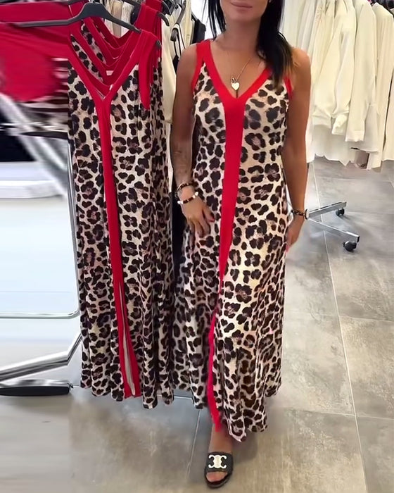 Klänning Ärmlös Elegant Leopardmönster Kontrast