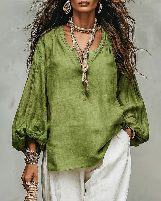 Blus Casual Lyktaärm Enfärgad Loose Fit