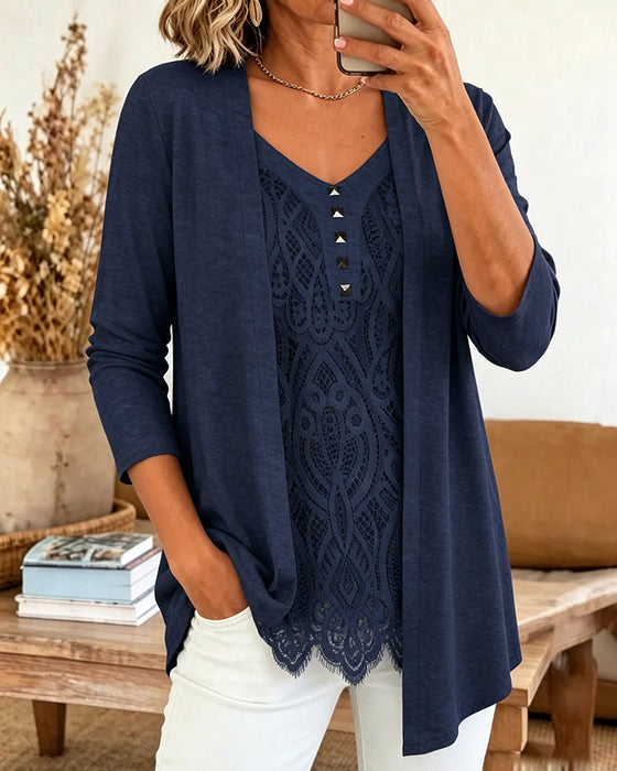 Blus Fake Två Delar Spets Patchwork