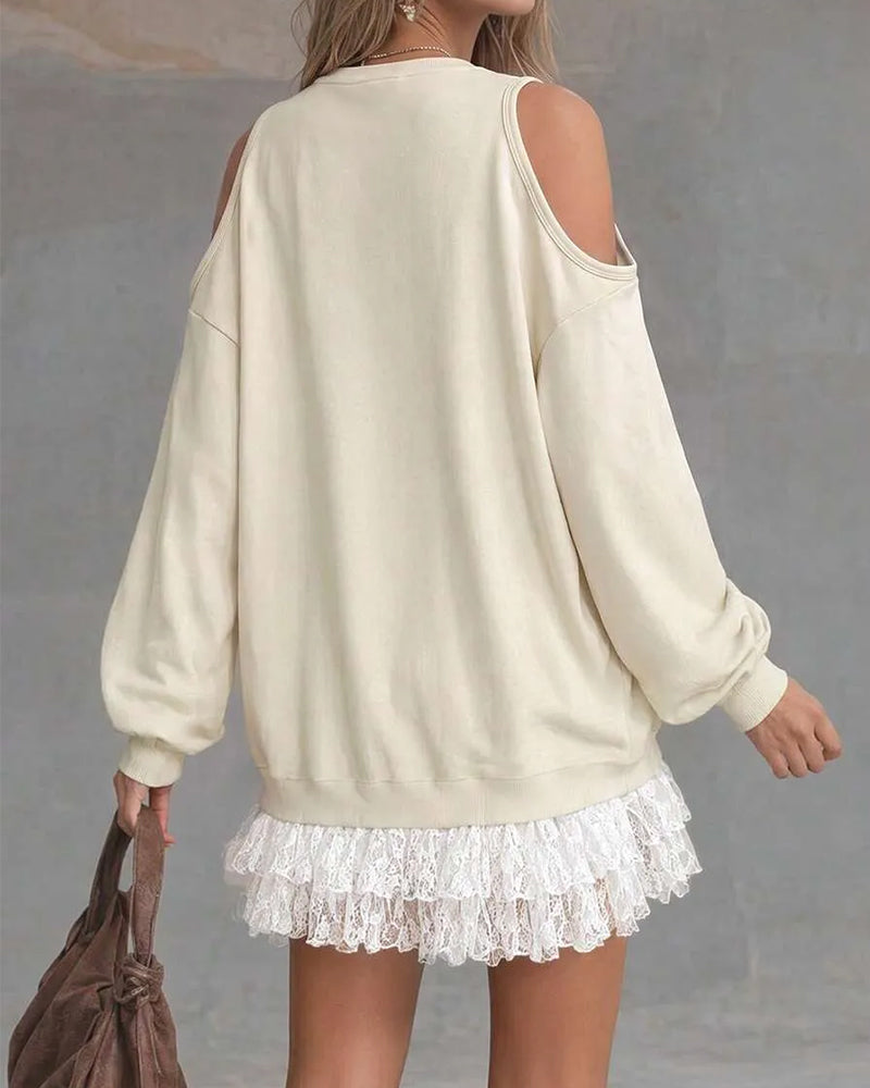 Klänning Cold Shoulder Lyktskärmsärm Spets Patchwork