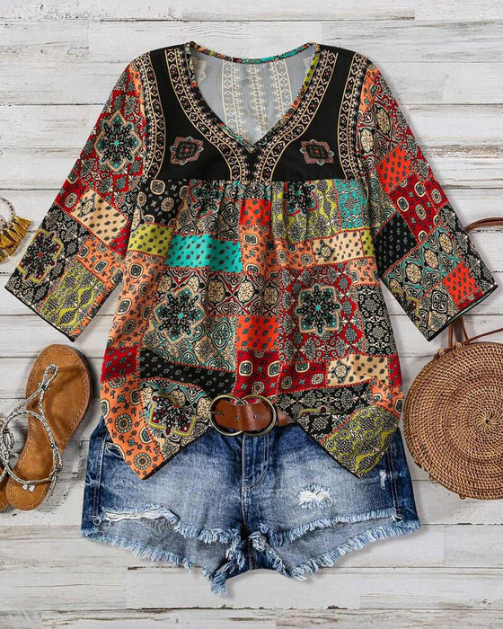 Plissad T-shirt Med Vintage-Mönster