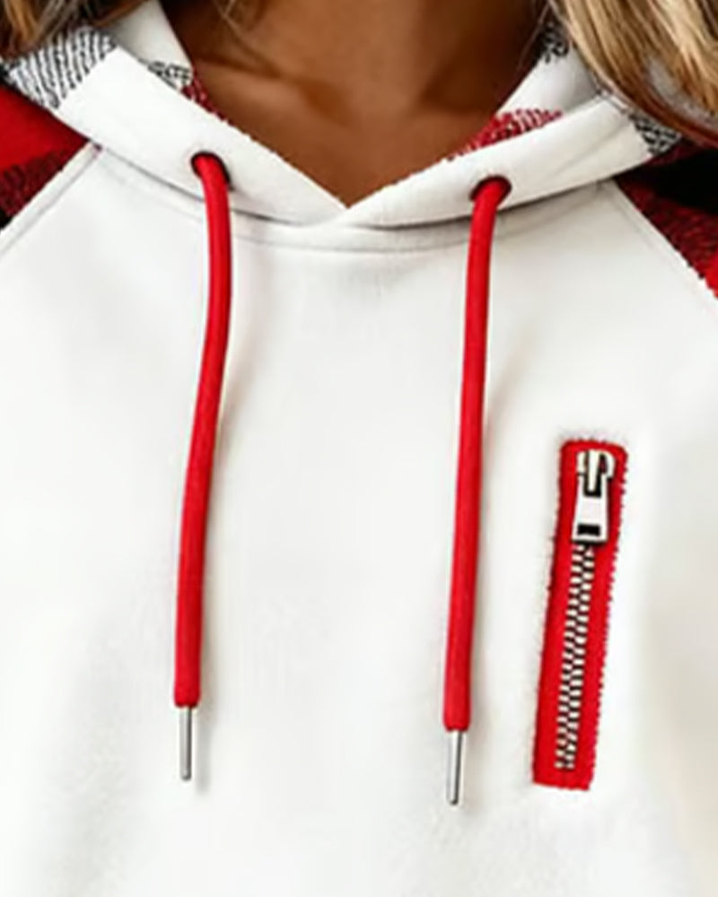 Färgblockad Hoodie Med Rutigt Mönster