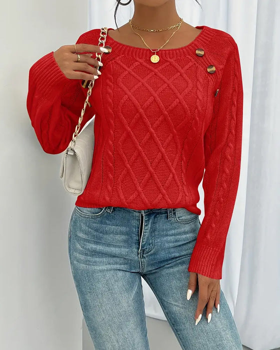 Tröja Enfärgad Raglanärm Spänne Kablestickning