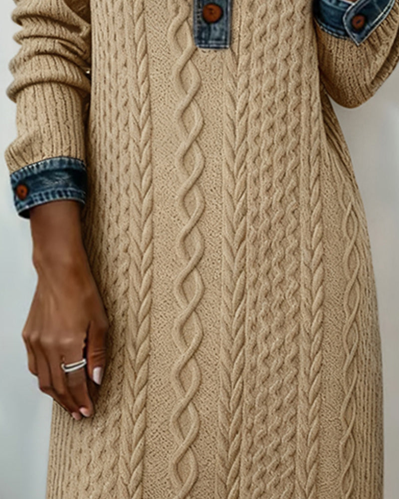 Kragklänning I Denim Med Flätstickning Och Lappverk