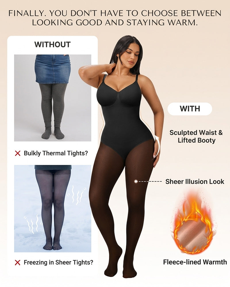 Genomskinlig Panel Med Fleecefodrade Tights Stay-Warm Magkontroll Sheer Effekt Tights Bodysuit Svart Basic