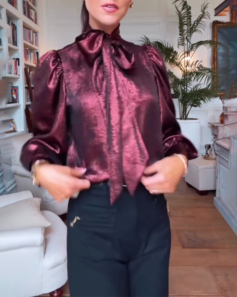 Blus Puckad Ärm Fladdrande Band Stilfull