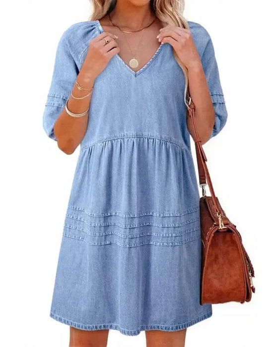 Klänningar Denim V-Hals Puff Ärm