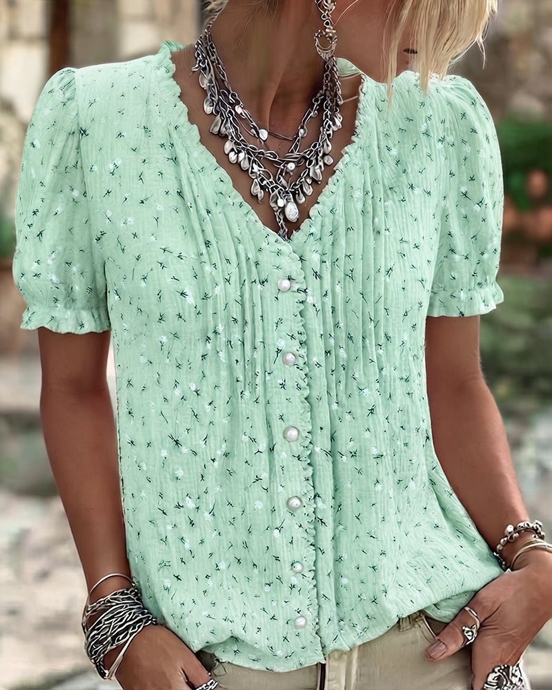 Blus Puffärm Blommig Tryck Kortärmad