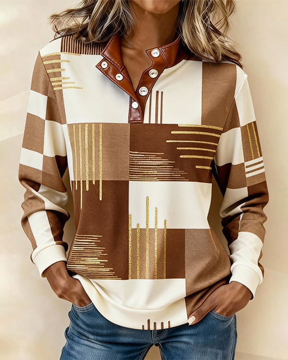 Färgblockad Sweatshirt Med Ståndkrage Och Knappslås Fram