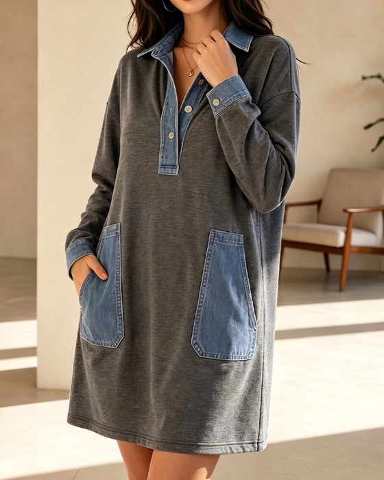 Klädning Polo Krage Denim Patchwork