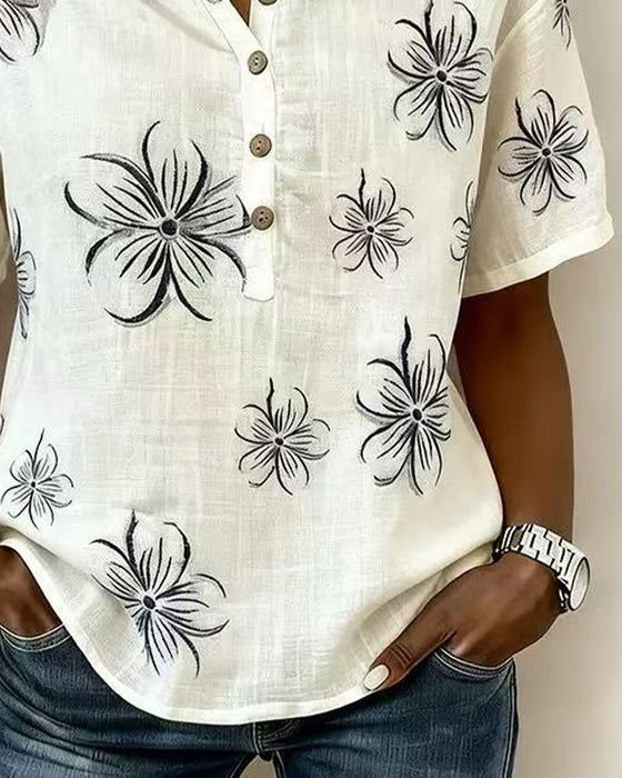 Blouse Crew Neck Knappslå Blommig Casual