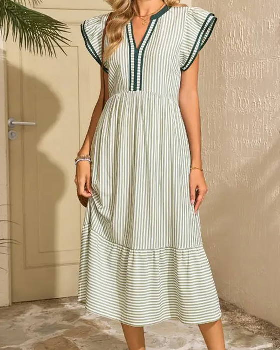 Klänning Randig Dubbel Rynkad Kortärmad