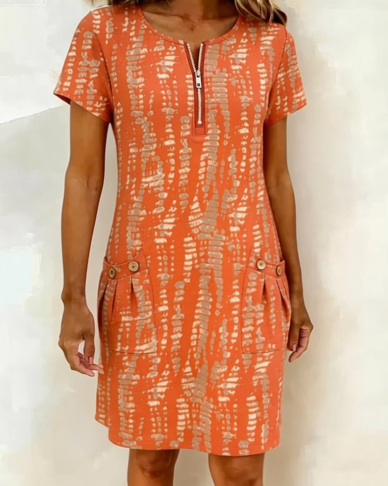 Klänning Tryckt Halv-Dragkedja Stor Ficka