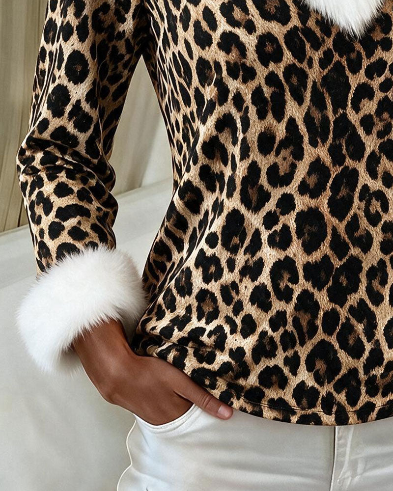 Topp V-Hals Päls Krage Leopard