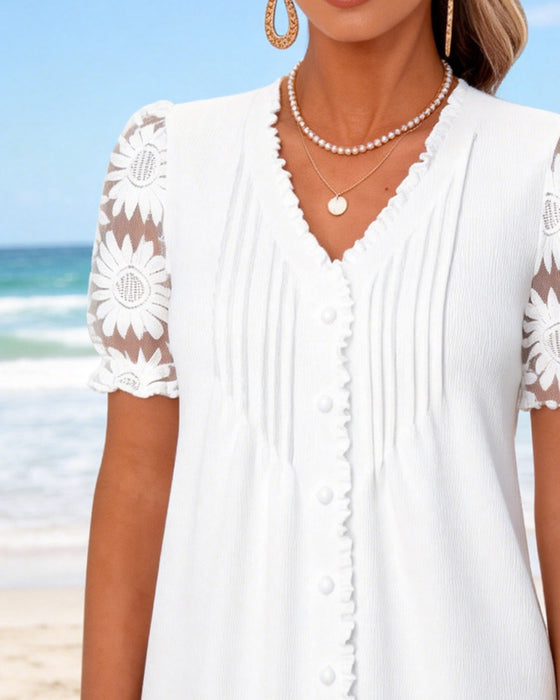 T-Shirt V-Hals Knapp Veckad Spets Patchwork